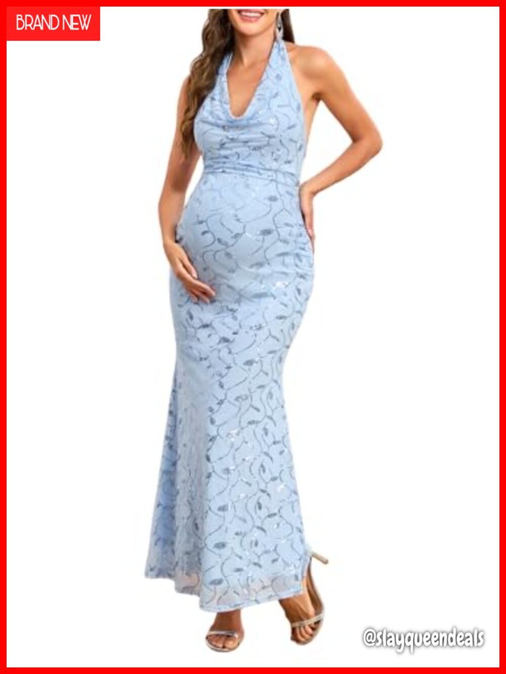 Maternity Sequin Halter Dress Draped Neck Ruched Mermaid Baby Shower